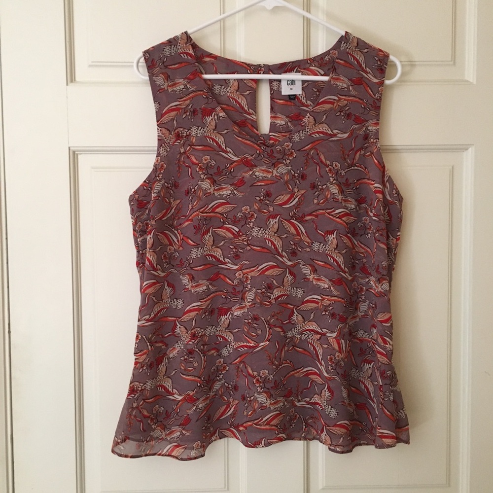 Cabi (M) Top Sleeveless Blouse Pretty Bow Detail On Back Floral and Bird Print